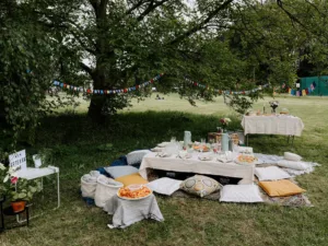 Outdoor picnic setup under a tree with colorful bunting flags, a table set with food and drinks, surrounded by cushions and blankets on the grass. | Stal se piknik. | A tak se stalo. | Eventová agentura Olomouc